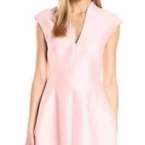 Halston Heritage Cap-Sleeve Deep V Fit and Flare Dress, Barely Pink Size 4